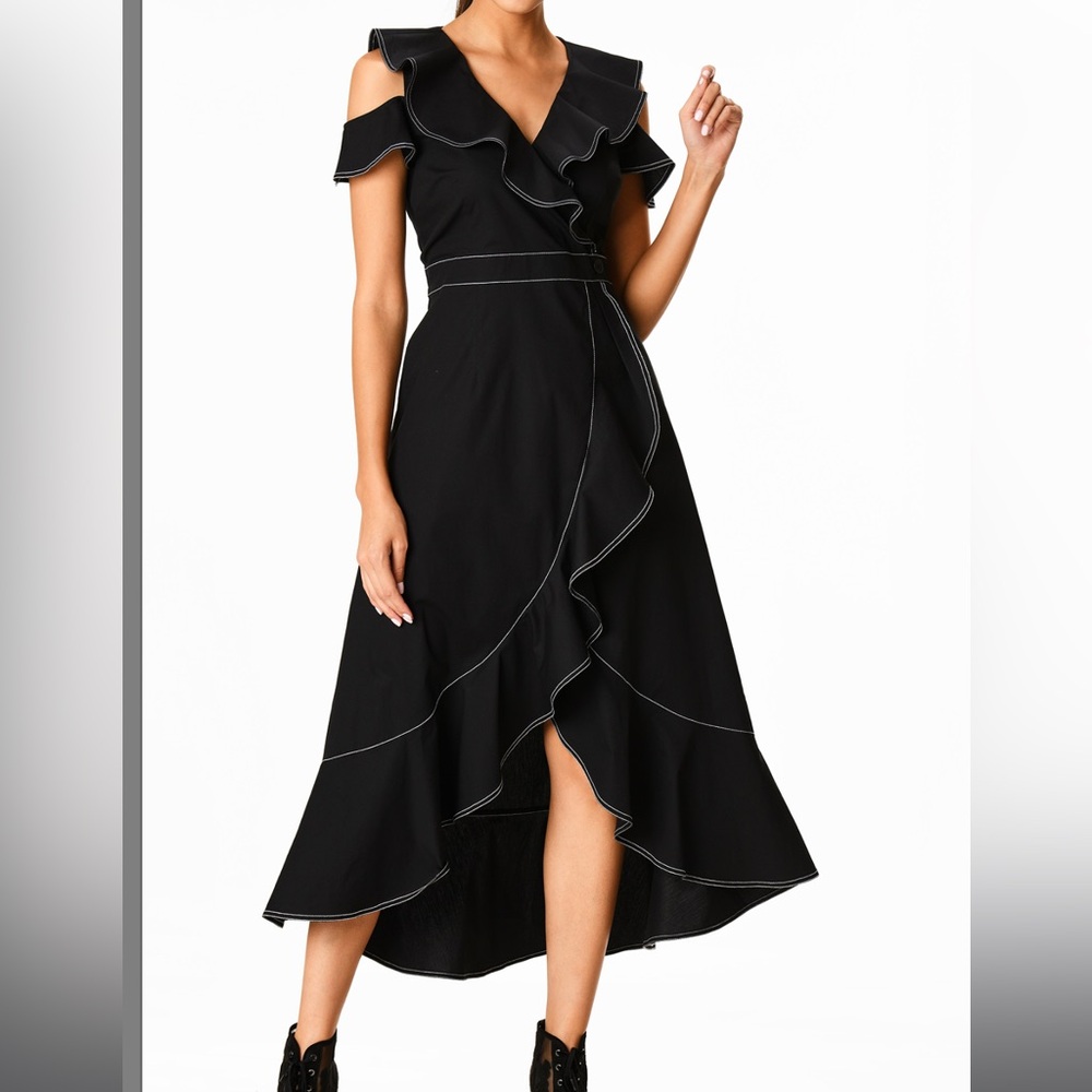 WAYWARD FANCIES Ruffle Cold Shoulder Cotton Poplin Faux Wrap Dress small
